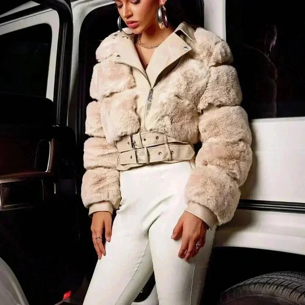 Khaki Casual Women's Faux Fur Spliced Faux Leather Double Belt Slim Warm Jacket - Picture 6 of 7